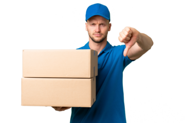 Delivery caucasian man over isolated background showing thumb down with negative expression