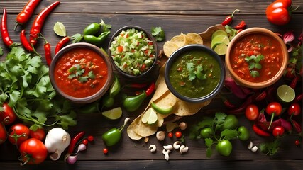 Mexican red and green sauces are created in Mexico City with tomatoes, garlic, and very hot chili peppers. artistic banner. Image copyspace - obrazy, fototapety, plakaty