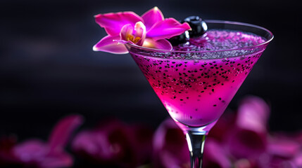 A glass of pink drink with a flower on top. a bright purple dragonfruit cocktail in a martini glass, topped with a orchid flower garnish, black background,
