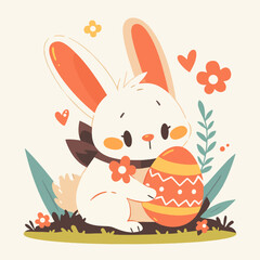 Easter basket with eggs and bunny decorated with flowers. Happy easter