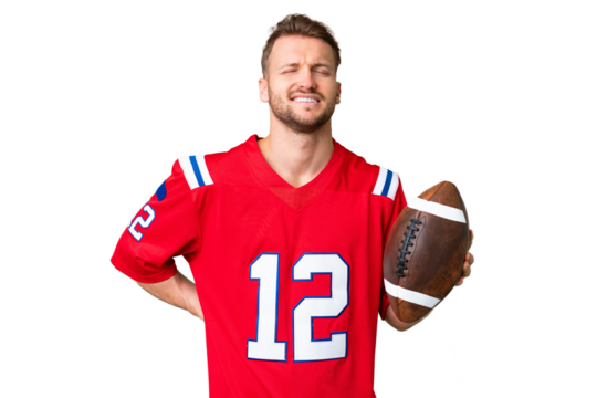 Young caucasian man playing rugby over isolated chroma key background suffering from backache for having made an effort