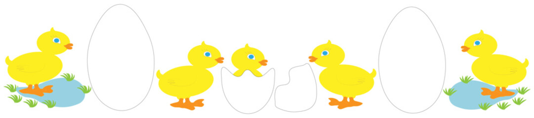Cute cartoon ducklings hatching from eggs. The concept of Easter