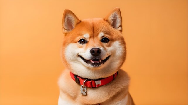 Shiba Inu dog with a happy smile, isolated on an orange and yellow background with copy space. Japanese red-haired dog smiling in a picture
