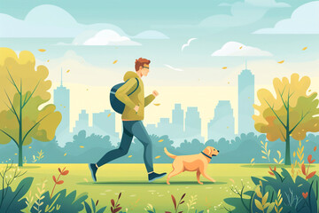 Man at the park, running with the dog. Conceptual representation of an active outdoor hobby. Flat-style illustration of spring.