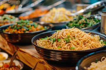 Noodles arranged deliciously at an angle on a table.