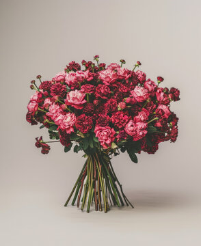 Minimalistic studio photo of a fresh and juicy big giant tight dense neat lush luxurious bouquet of a fresh flowers of raspberry color flowers