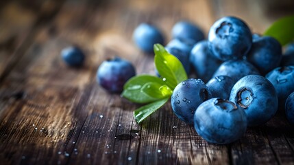 Close up of fresh Blueberries on a rustic wooden Table