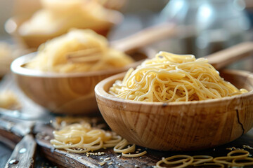 Noodles arranged deliciously at an angle on a table.