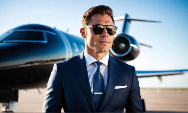 Rich businessman in glasses against the background of an airplane at the airport