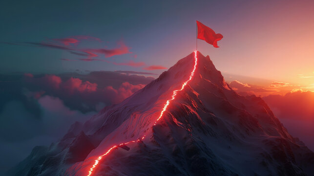 3D rendering of a glowing light path leading to the top of a mountain with a red flag on the peak, concept of success