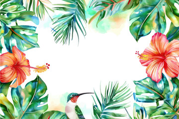 Fototapeta na wymiar Tropical watercolor plants and flowers, summer holiday banner