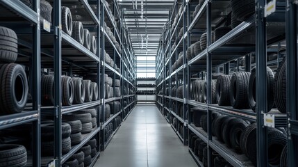 High-end car workshop with rows of new tires on high shelves.Generative AI illustration - obrazy, fototapety, plakaty