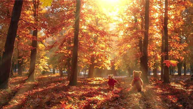Experience the playful spirit of fall with a teddy bear adventure in the autumn forest, showcased in this charming 4k looping video.