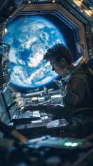 Space scientists conducting experiments in a zero-gravity lab, Earth through a porthole, science of the future.