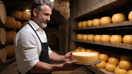 Cheese making. Man holding a briquette of cheese in his hands, cheese maker