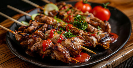A plate of pulled chicken skewers on a wooden surface with vegetables, tomato sauce, and ketchup, with a black background and a striped theme.