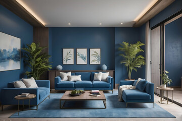 Fototapeta premium Soft, Ambient Lighting Enhances The Clarity Of Blue, Casting A Calming And Inviting Glow Throughout The Blue-Accented Interior 