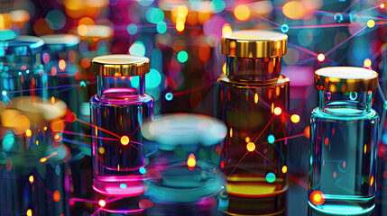 molecular connections between many jars of dietary supplements connected to each other , vivid colors 