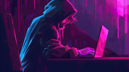 Mysterious Hacker Infiltrating Secure Digital Network in Neon-Lit Cyber Realm