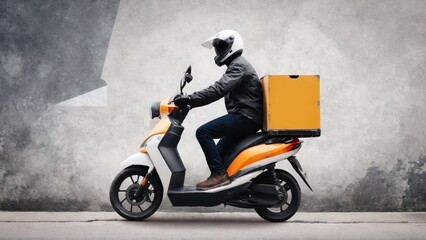 Courier on a scooter carry out orders for delivery of goods