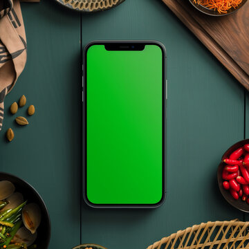 An iPhone mockup with a green screen against a kitchen background.