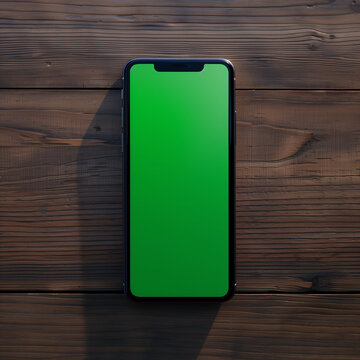 An iPhone mockup with a green screen set against a background featuring a wooden pattern