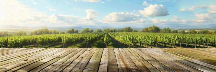 A panoramic view of a vineyard in the summer sun over the wooden floor, with photorealistic...
