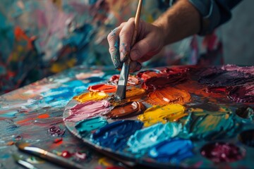 Fototapeta premium Artist mixing paints, emphasis on the texture and color blend, high-resolution, studio lighting.