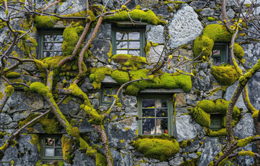 Fototapeta na wymiar A stone wall with small windows covered in moss, in a contemporary fairy tale style, with twisted branches.