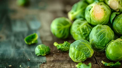 Foto op Aluminium Close up of fresh Brussels Sprouts on a rustic wooden Table © Florian