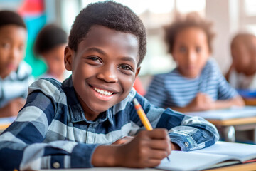 Smiling african schoolboy sitting at desk in classroom, writing in notebook, posing and looking at camera, diverse classmates studying in the background - 771363441