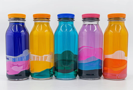 Colorful bottles with juice inside, with clear edge definition, ethical concerns, a berrypunk theme, and push processing.