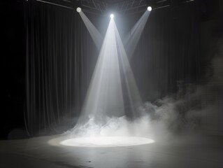 Dramatic Theatrical Spotlights Illuminating Misty Stage with Vintage Lighting Equipment in Dark Studio Setting