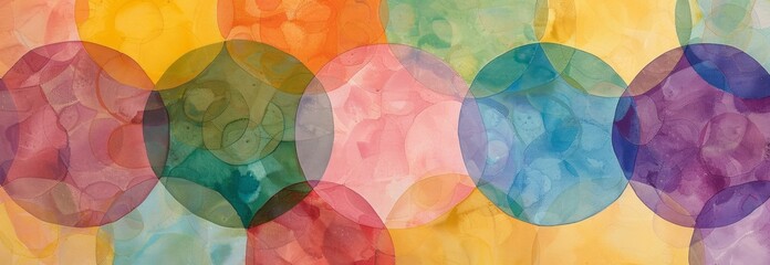 A painting of different colored circles, with watercolor washes, a repeating pattern, and chromatic elements.