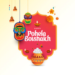 Plakaty  Bengali New Year, Pohela Boishakh Greeting, Nabo Borsho Background Design Vector Illustration