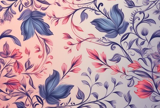 A floral pattern on a background of peach, red, and blue, with light violet color, and stenciled iconography.