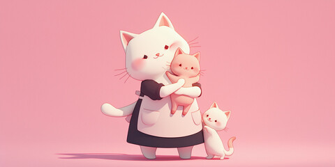 Cute children's illustration of a cat in an apron hugging her kittens.