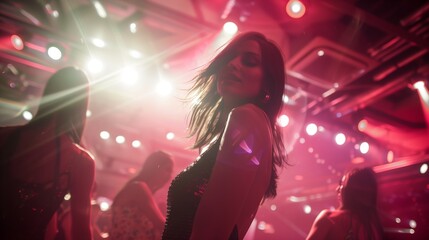 Stylish and beautiful young people dancing in nightclub, motion blur selective focus reportage photography style with flash. Sparkles and glimmers for glamour and excitement atmosphere.