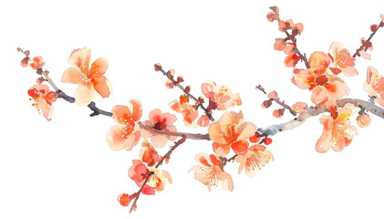 Watercolor blossoming apricot branches orange on isolated over a transparent background.