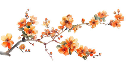 Watercolor blossoming apricot branches orange on isolated over a transparent background.