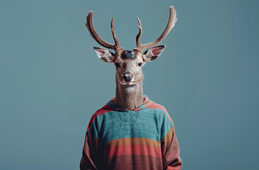 Photography A human size deer in a trendy vintage hipster Winter sweatshirt Abstract, minimal portrait - obrazy, fototapety, plakaty