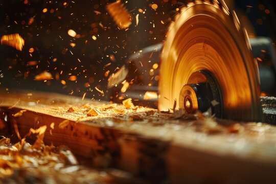 Closeup silver circular saw cuts a wooden block. Workshop and sawing machine.