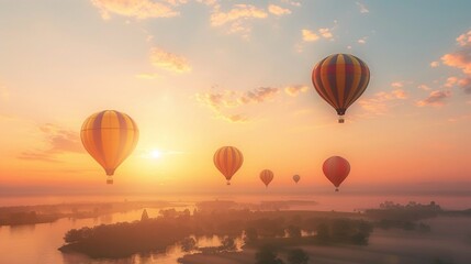 Colorful hot air balloons floating gracefully over a serene landscape at sunrise, a dreamy spectacle.