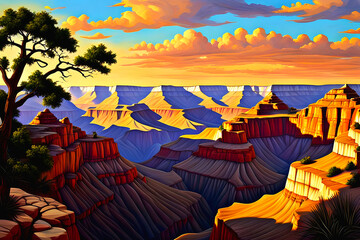 beautiful dramatic landscape painting - Grand Canyon National Park - America's natural beauty - setting sun casts shadows over desert mountains and cliffs
