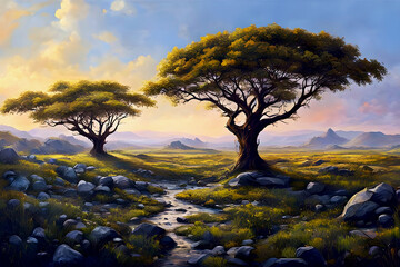 beautiful painted landscape of two trees in an abandoned wasteland of grass and rocks and a small creek, mountains and a cloudy sky