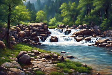 beautiful painted landscape - a river runs through a thick green pine forest, waterfall over rocks