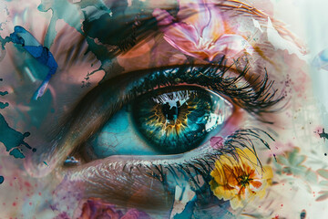 watercolor, abstract, paint, flowers, and eyes.