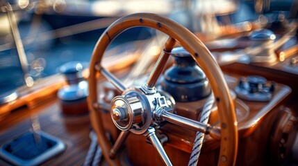 Hand of man on steering wheel sailboat. Hands on the sailboat's steering wheel Yacht. Close-up of a...