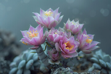 when the flowers of succulents bloom. On a solitary, gray background, pink blossoms.
