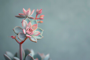 when the flowers of succulents bloom. On a solitary, gray background, pink blossoms.